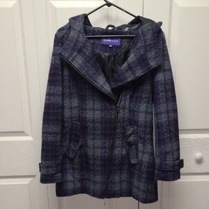 Madden Girl Purple and Gray Plaid Pea Coat With Hood. Features Sland Zipper M